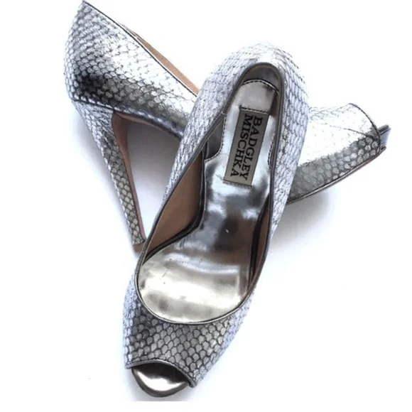Badgley Mischka Metallic Python Peep Toe Heels - Picture 2 of 8